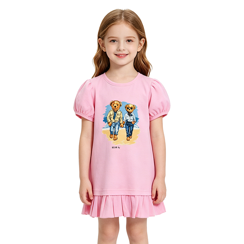 Girls Bubble Short Sleeve Dress Pure Cotton Kids Cartoon Print clothes Round Neck Ruffle Hem dresses Casual Summer Sundress Nine Solid Colors Size 1