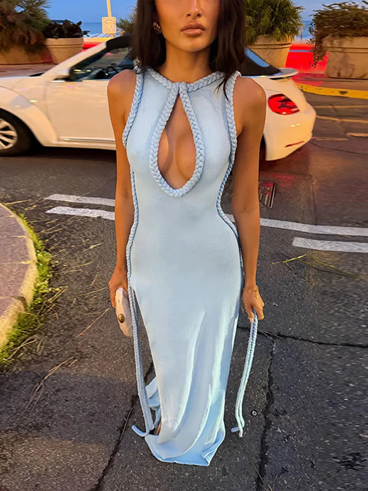 Women Elegant Maxi Dress Keyhole Neckline Braided Trim Sleeveless Backless High Slit Hem Solid Dresses Summer Fashion Gown 260624
