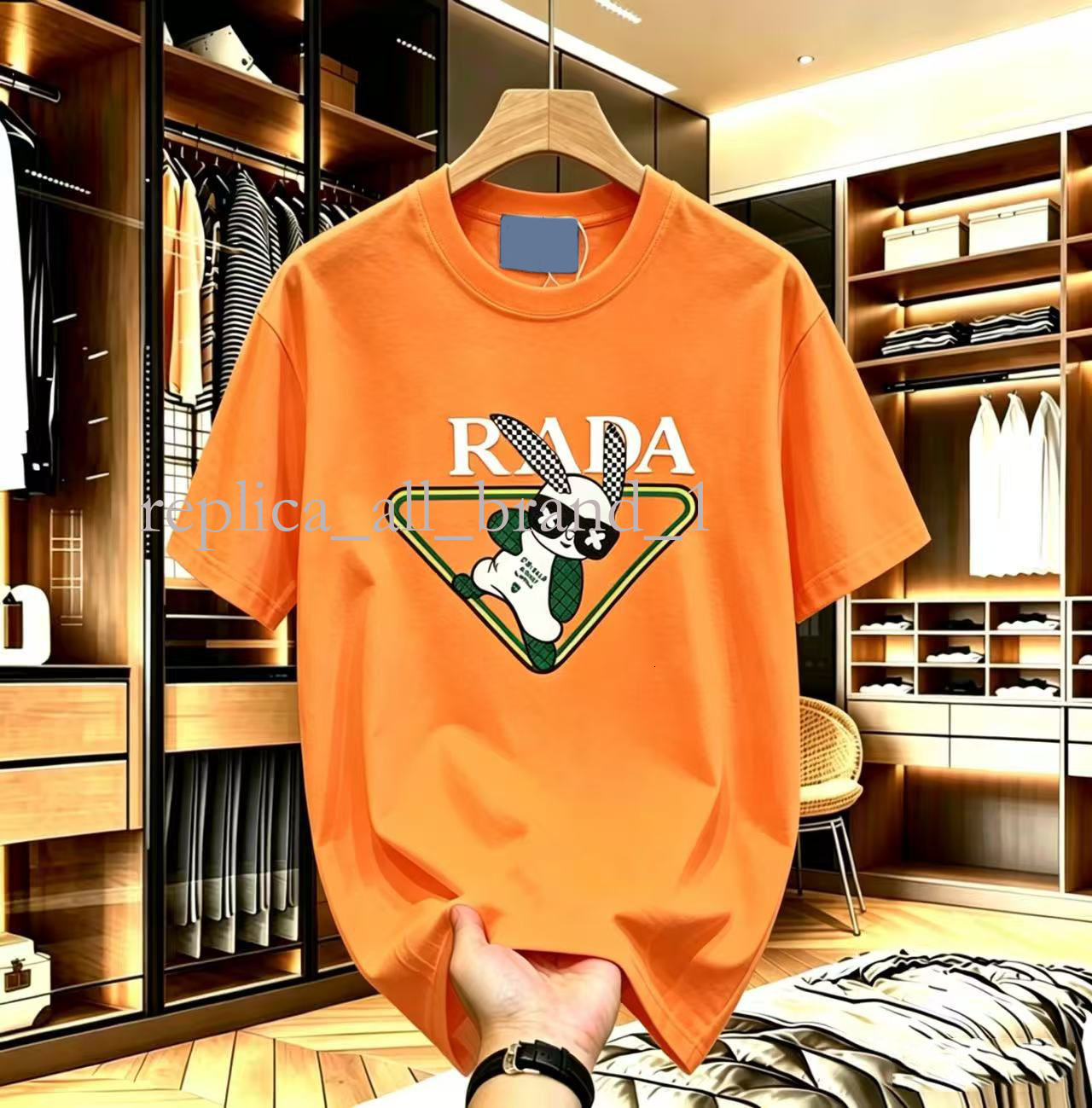Camiseta con estampado de conejito azul marino a la moda para hombre, camisetas informales de algodón con cuello redondo y manga corta con logotipo