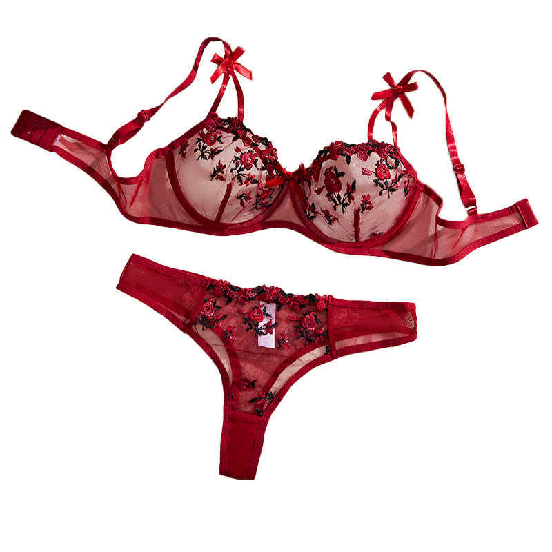 Women New Red Lace Exquisite Embroidery Floral Ultra-thin Deep V Sexy Lingerie Transparent Underwear Bra Set Erotic Costumes D260625