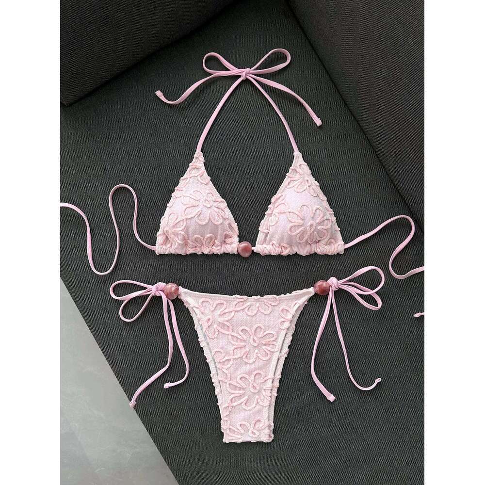 Sexy 3D Flower Bikini Set 2026 Women Pink Hole Out Push Up Bra Stone Thong Swimsuit Summer Bandage Bathing Suit Micro Swimwear 26Y0625