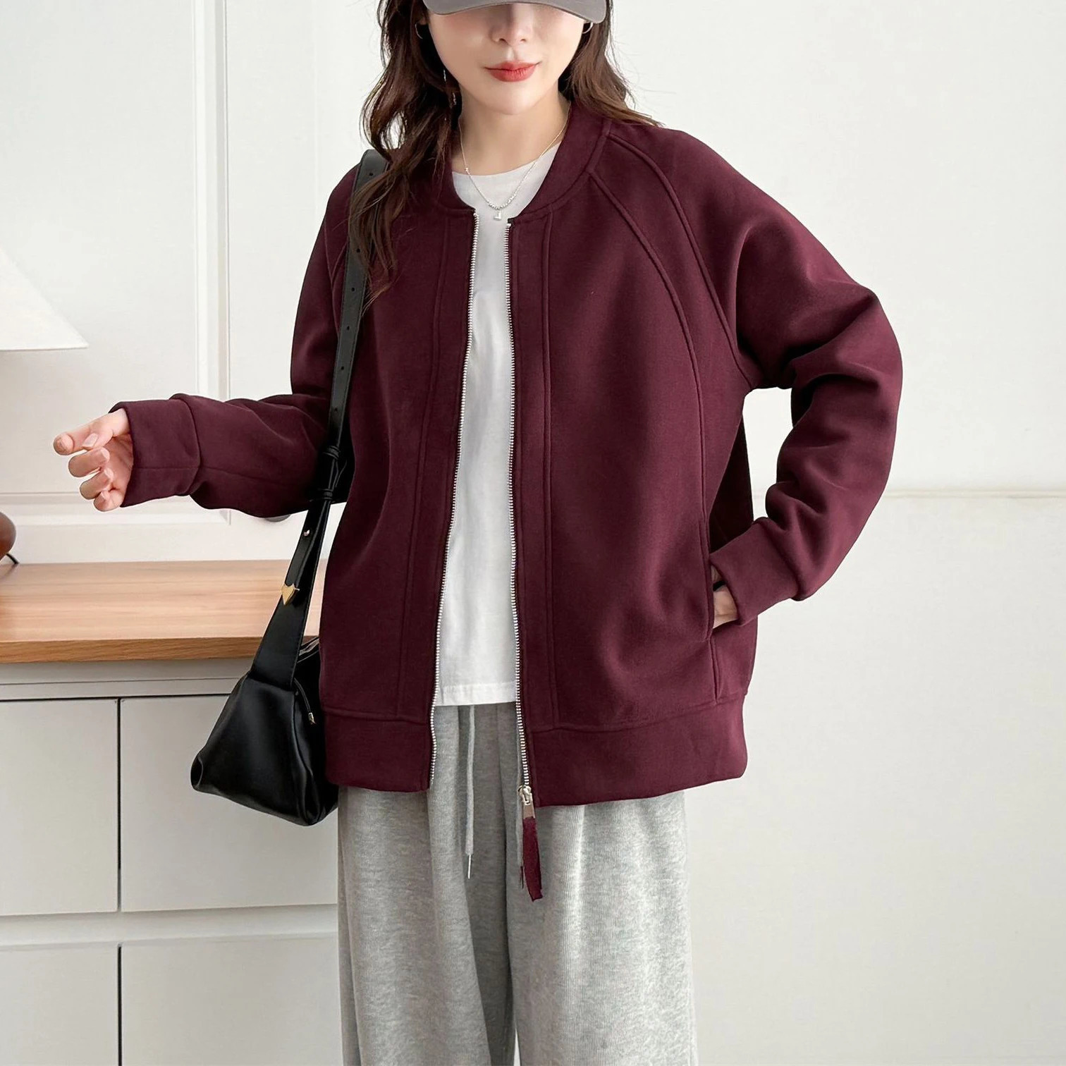 XXXXL Fashion Plus Size Womens Baseball Jacket Autumn Simple Casual Solid Color Sports Zipper Coat 8807 260624