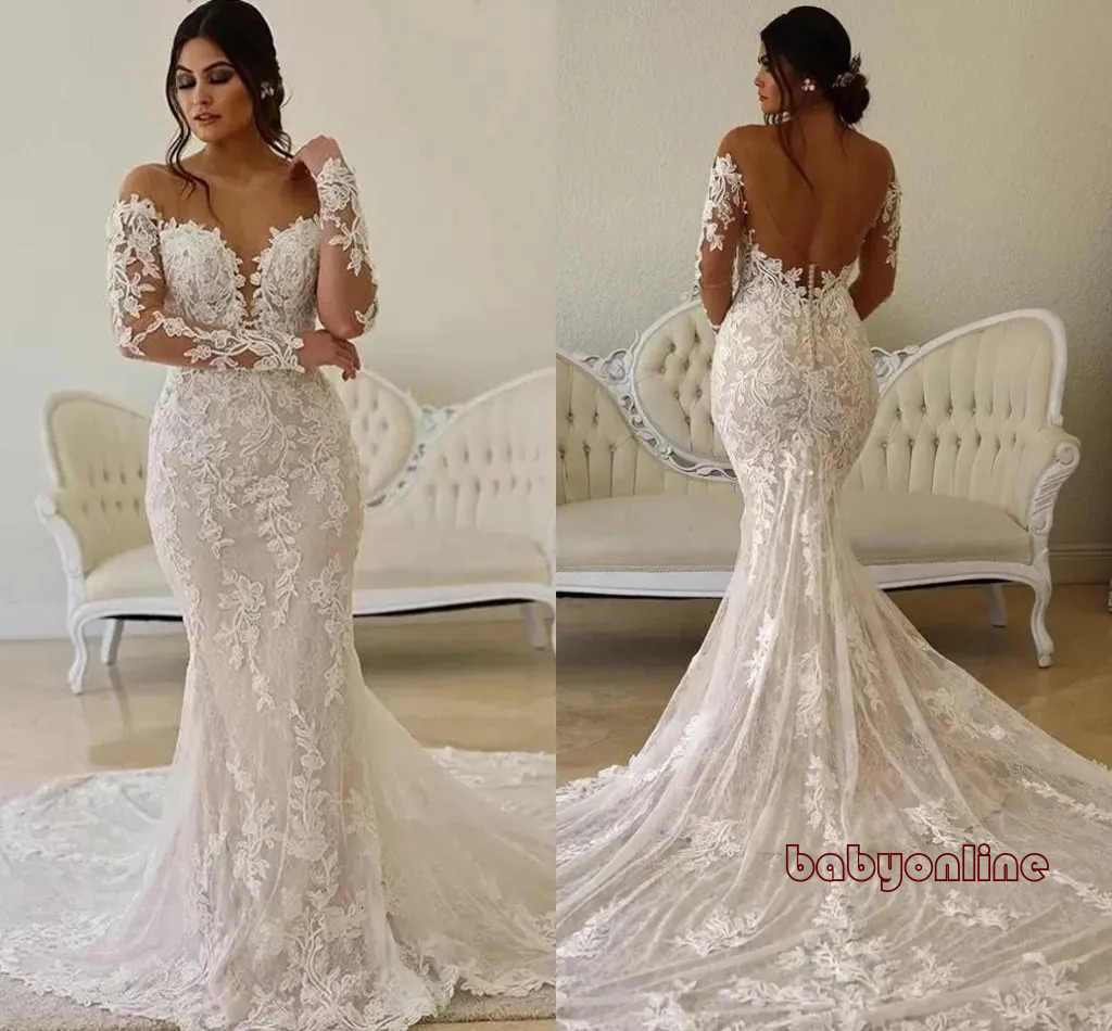 Sheer O Neck Mermaid Wedding Dresses Modest Lace Floral Long Sleeve Backless Bohemian Fishtail Bridal Gown Abito Sposa Boho