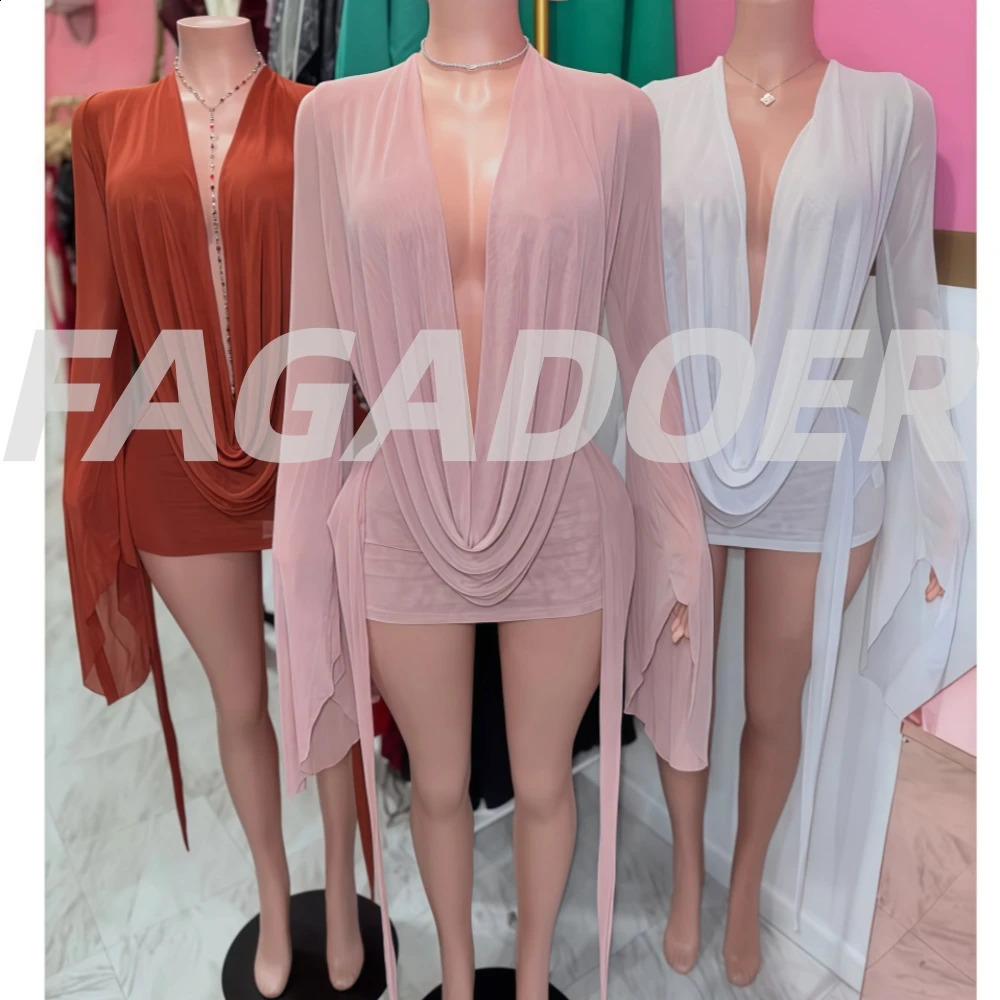 FAGADOER Sexy Mesh See Through Mini Bodycon Dress Women Long Sleeves Deep V-neck Irregular Dresses Female Streetwear Vestidos 260625
