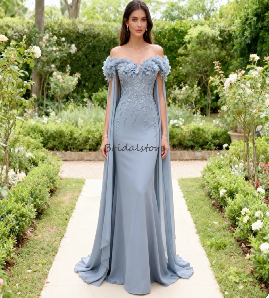Dusty Blue Mermaid Mother Of The Bride Dress Off Shoulder 3D Floral Applique Chiffon Cape Sleeves Wedding Guest Dresses Evening 50s Birthday Formal