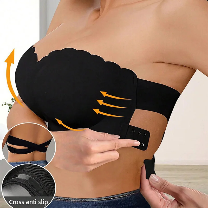 Womens Sexy Strapless Wavy Trim Bandeau Bra Seamless Backless With Side Clasp Ice Silk Top Women Anti-slip Off-shoulder Bra260624