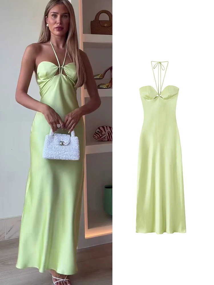 TFMLN Women Elegant Hanging Neck Long Dresses Fashion Lace Up Backless Solid Satin Temperament Slim Fit Halter Party Dress Chic 260624