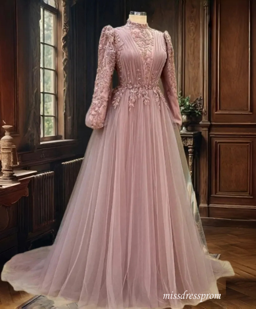 Elegant Muslim Evening Dresses Beaded High Collar Long Sleeves A Line Pink Tulle Formal Occasion Gowns Pleats Islamic Arabic Prom Dress For Women