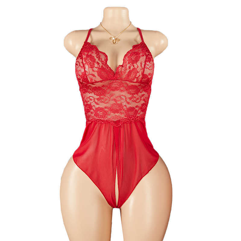 Perspective Erotic Lace Suspender Sexy Womens Lingerie Open Crotch Bodysuit Exotic Crotchless Deep V Exposed Navel Sleepwear D260625