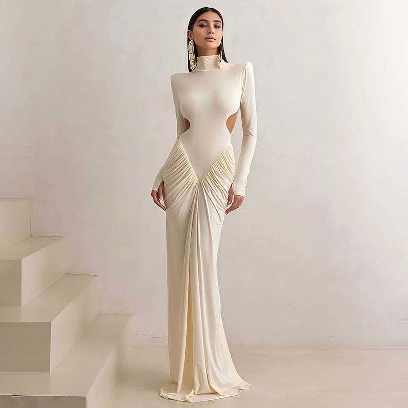 Sexy Backless Pleated Long Dress Women Fishtail Skirt Turtleneck Evening Party Bodycon Dress Elegant Solid Long Sleeve Streetwear Maxi Dress 260625