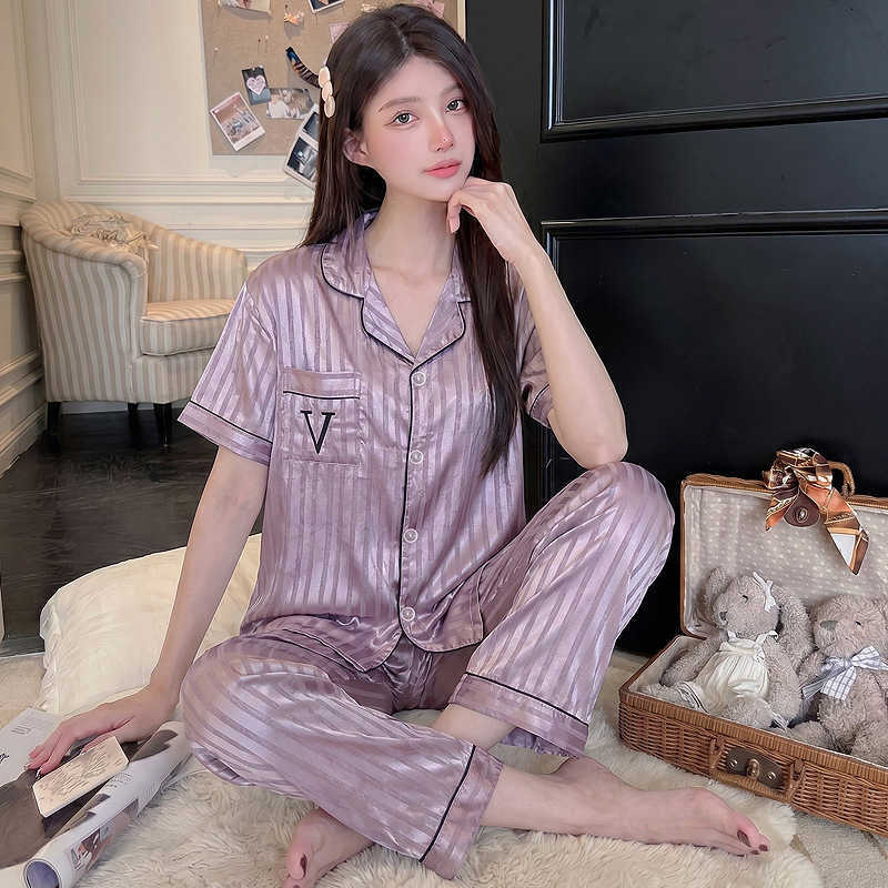 Light Fashionable Summer Striped New Ice Silk Cool Pajamas for Women Casual Short-Sleeve and Long Pants Summer Outfit M260625