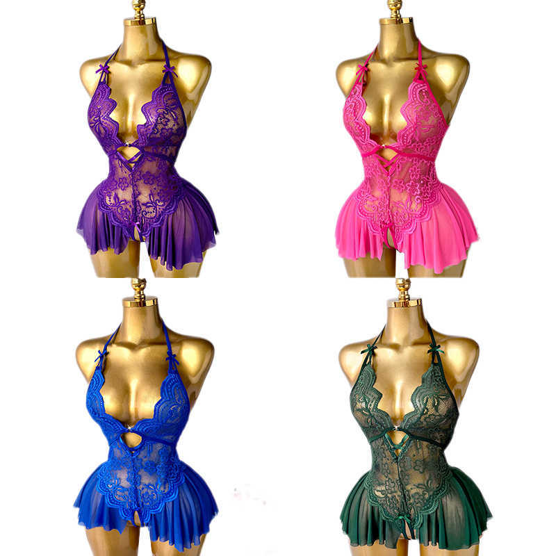 Crotchless Sexy Lingerie Women Lace Hollow Bodysuit Pajamas Teddy Babydolls Deep V Underwear D260625