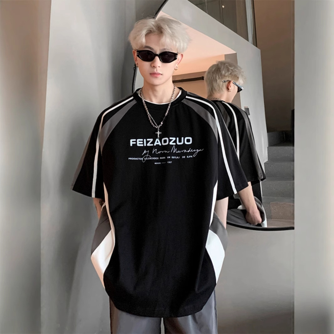 Men's Short-Sleeve T-Shirt 2026 Summer American High Street Fashion Brand Cool Biker Style Striped Patchwork Loose Half-Sleeve Clothing Men Rou