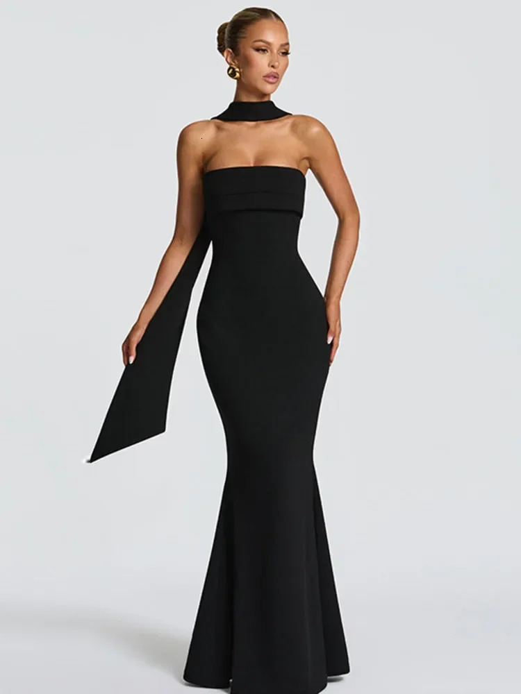Off-shoulder Strapless Sexy Maxi Dress Women Gown Scarf Collar Sleeveless Backless Bodycon Club Party Evening Dresses 260624