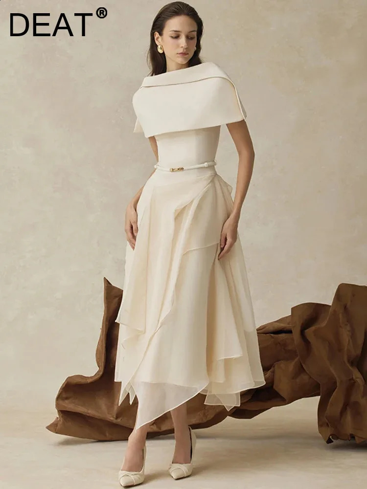 DEAT Elegant 2 Pcs Set Backless Cloak Irregular Gauze Splice Belt Dress Womens Evening Party Suit 2026 Spring 35Z3467 260624