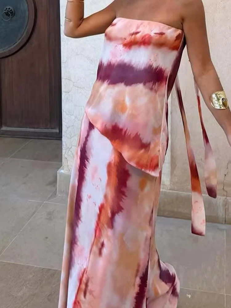 Sexy Strapless Irregular Top Skirt Outfits Women Casual Sleeveless Tie Dye 2 Piece Suit Elegant High Waist Backless Boho Sets 260625