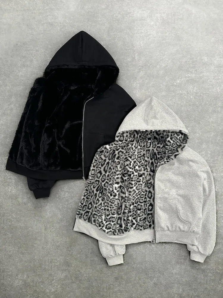 Sudadera con capucha unisex con forro con estampado de leopardo, bolsillo, cárdigan holgado, sudadera con cremallera, estilo callejero, doble cara 2
