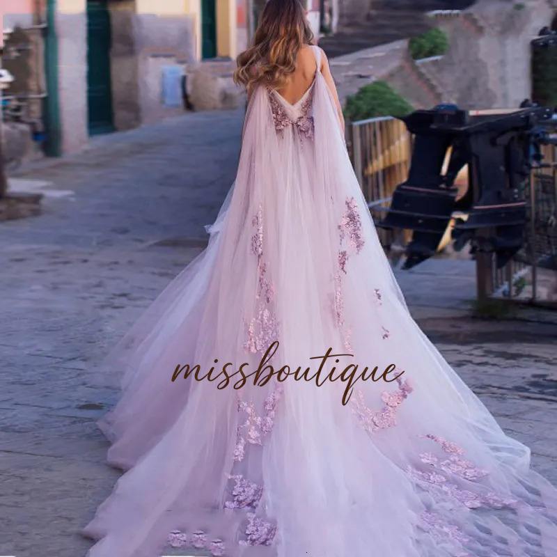Boho Dress 2021 3D Flowers Light Purple Beach Bride Dresses Backless Puff Tulle Wedding Gowns Long Train Floor Length Q625