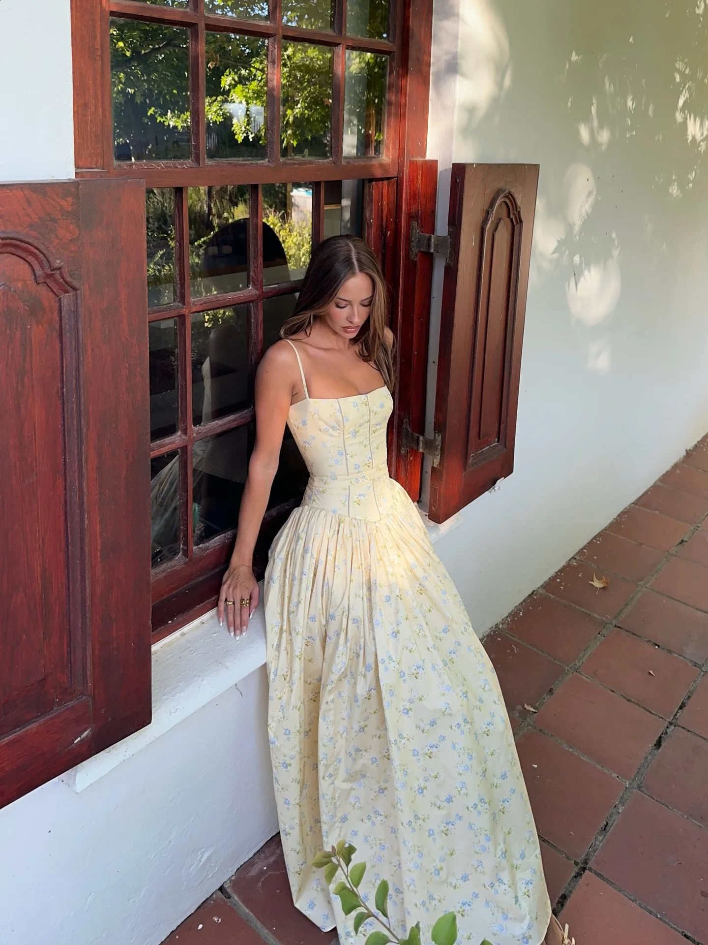 Mingmingxi Women Long Floral Print Spaghetti Strap Maxi Dress Summer Elegant Lace Up Dress Flowy Holiday Party Beach Wear Dress 260625