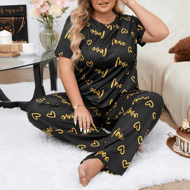 5XL Plus Size 3XL 4XL Sleepwear Womens Heart Letters Print Pajamas Set Casual Short-Sleeve Top and Pants Loungewear M260625