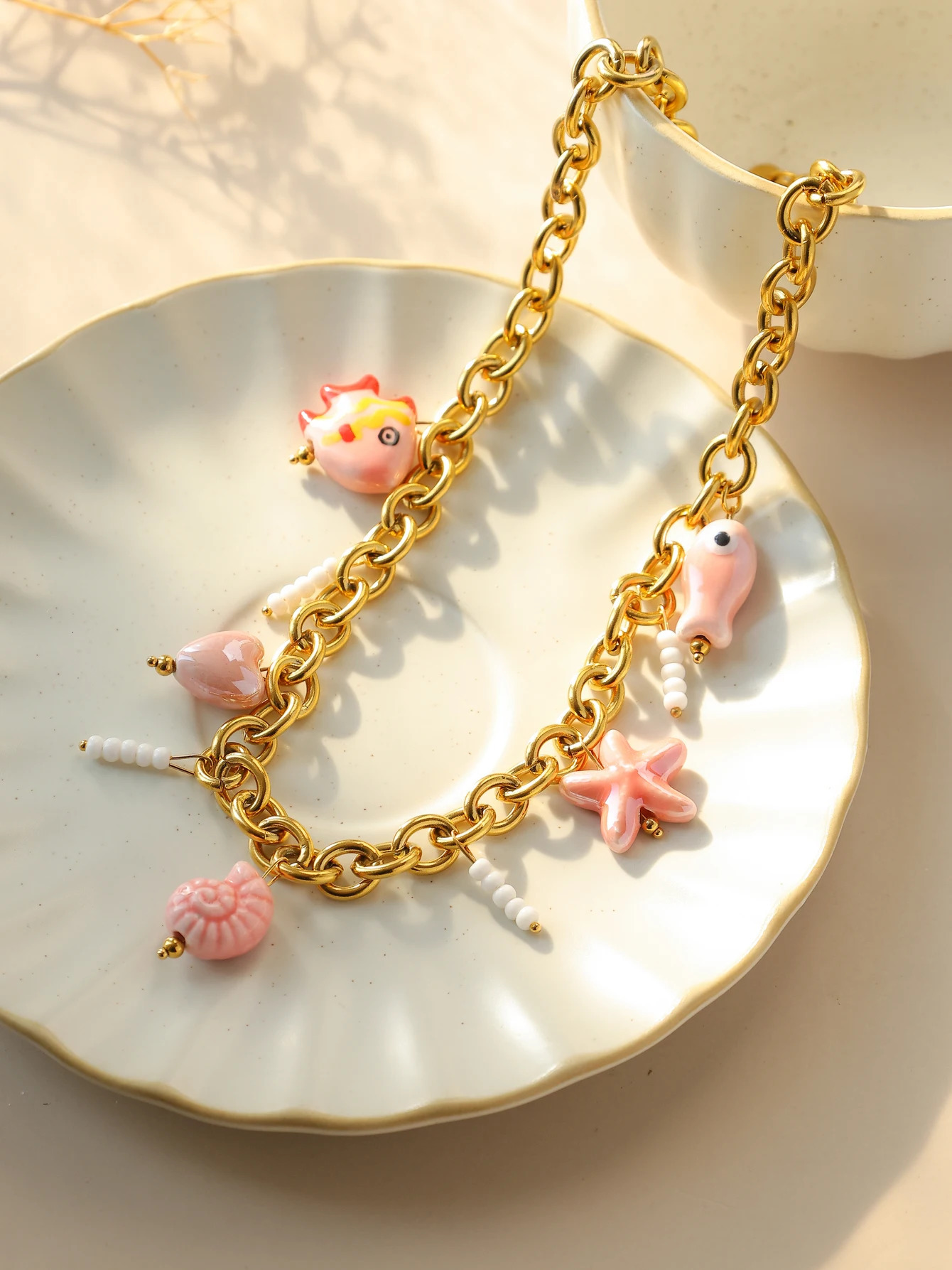 Womens small fish love conch starfish ceramic pendant necklace bohemian style summer cute ocean beach stainless steel beaded 260624