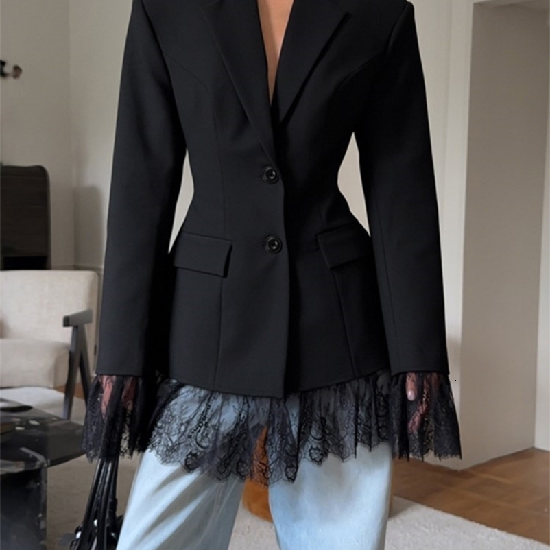 Elegant Lace Blazer Coat Women Fashion Office Lady Full Sleeve Single Breasted Jackets Autumn Black Casual Slim Coats 260615