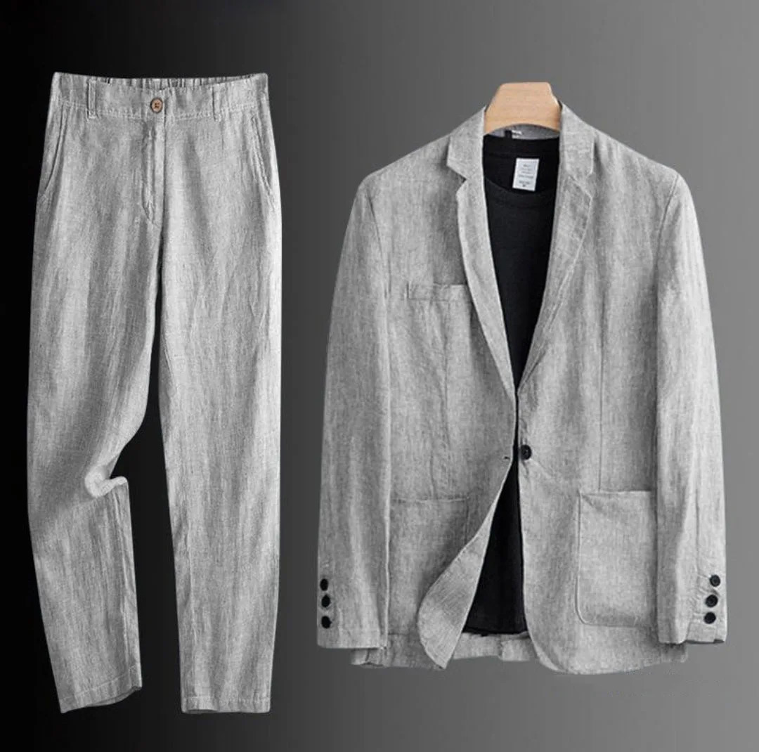 Mens Summer Suit 2 Piece Lightweight Linen Blazer Slim Fit Office Wedding Korean Style Breathable Casual Set Sun Protection 260624BJ