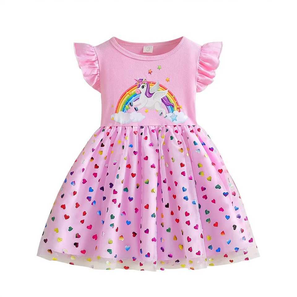 2026 Korean Style Girls Summer Unicorn Print Dress Short Sleeve Tulle Princess Gown Kids Casual Party Clothes for South Korea Y26062542GD