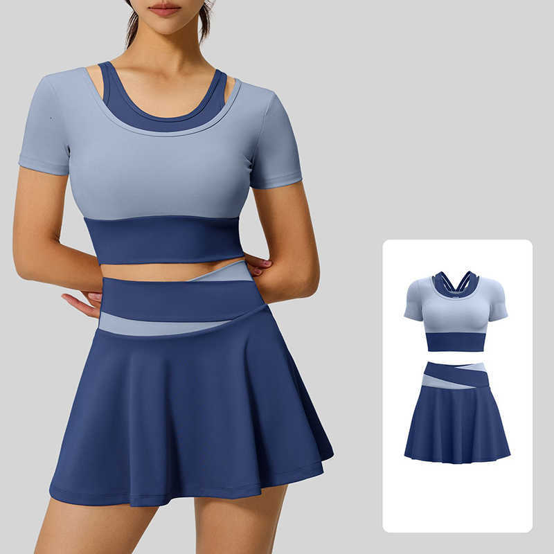 Two Tone 2 Piece Womens Yoga Set Short Sleeve Yoga Top with Bra Pads High Waist Skort with Liner Running Fitness Sportswear M260625