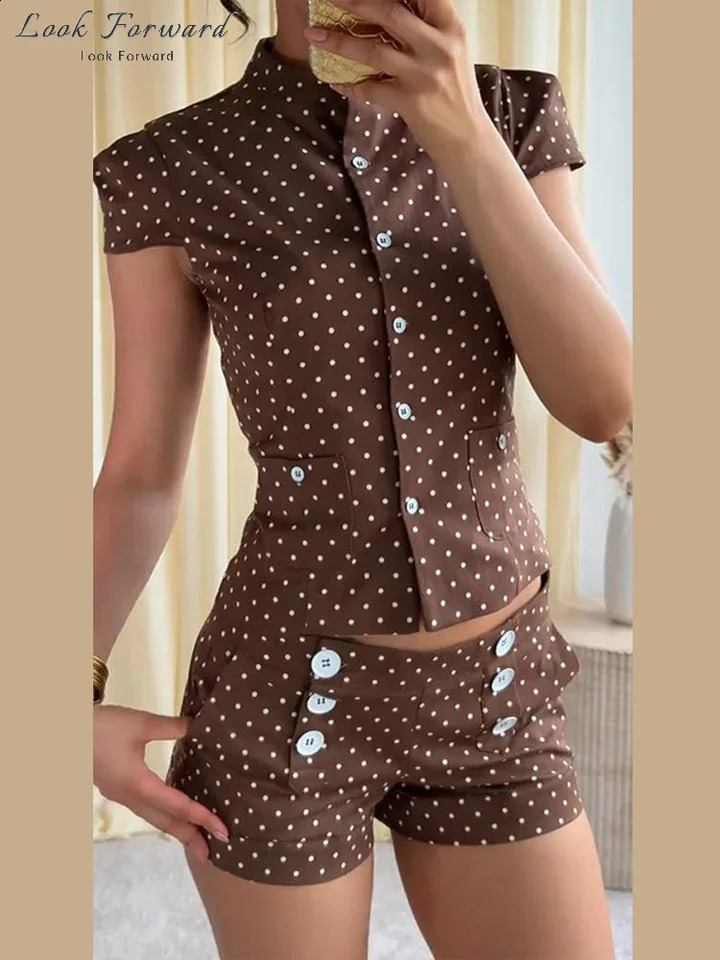 Polka Dot O-neck Shirt Pants Set Fashion Double Breasted Shorts 2026 Summer Womens Tie Waist Pockets Streetwear 260625