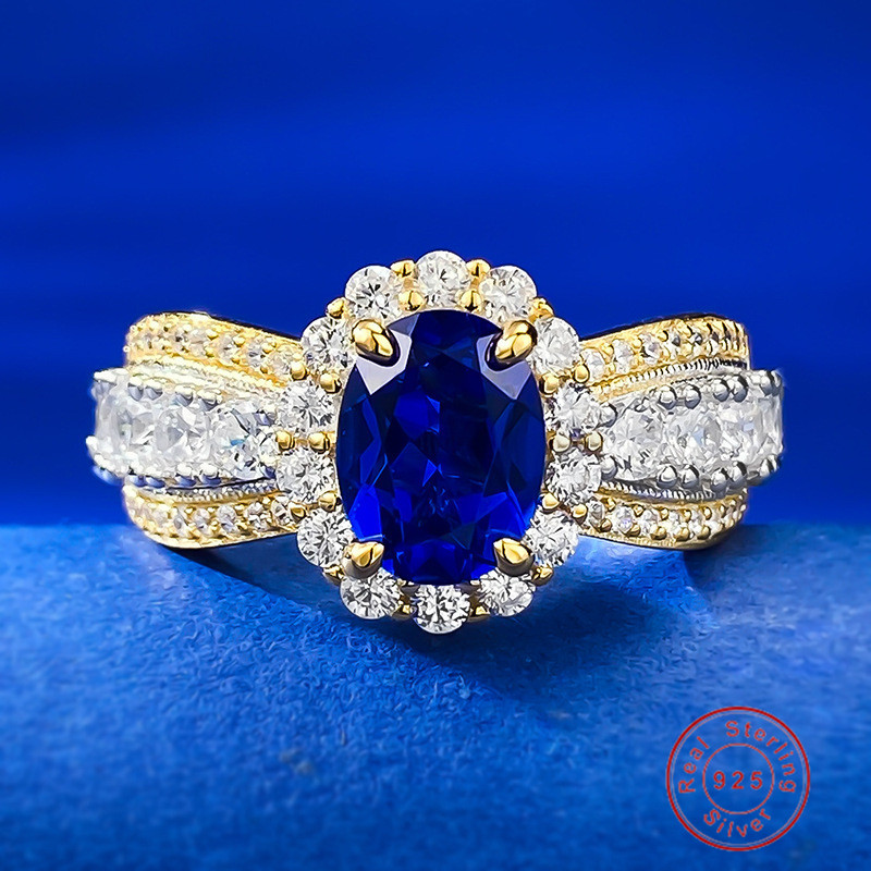 Choucong Two Tone Gold Real 100% 925 Sterling Silver Oval Blue Sapphire Ring Halo CZ Diamond Luxury Cocktail Engagement Anniversary Statement Jewelr