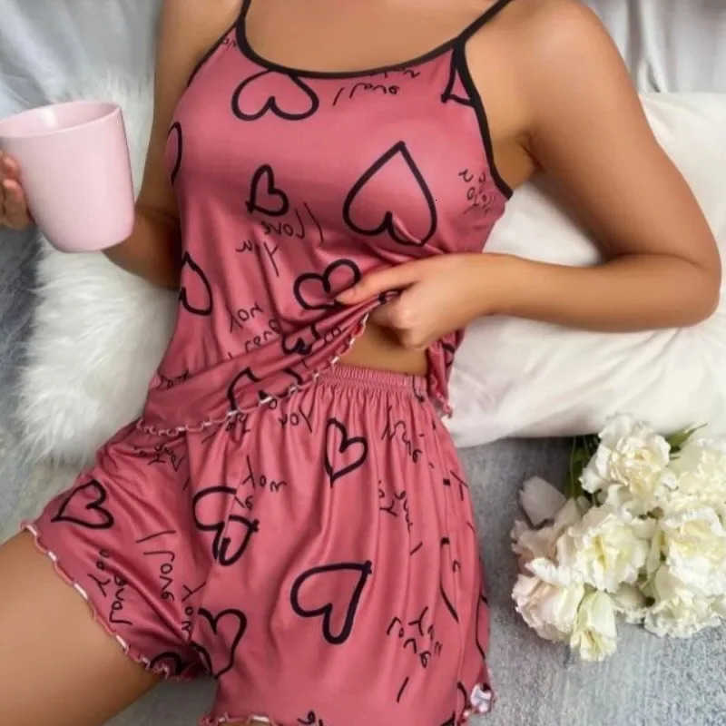for Summer Casual Pajamas Set Women Sleepwear Red Heart Print Round Neck Ice Silk Top T-Shirt and Shorts Sets Loungewear M260625