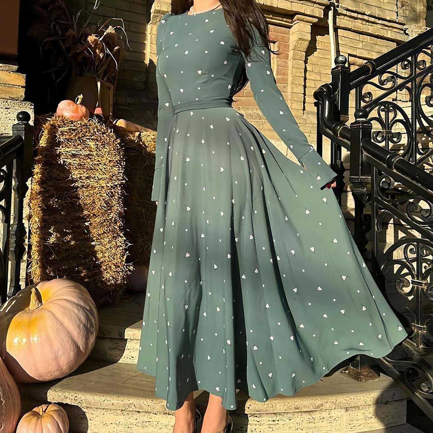Spring Elegant O-neck Swing Boho Maxi Dress Women Floral Print Lace Up Bow Slim Long Dress Autumn Flare Long Sleeve Party Dress 260625