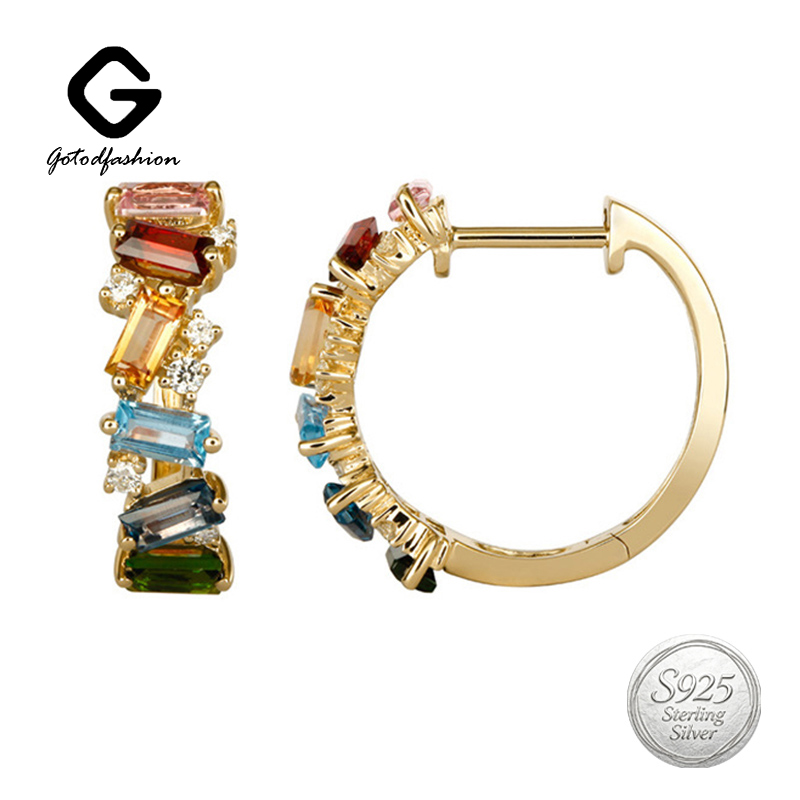 Classic Luxury 925 Sterling Silver Rainbow Multicolor Baguette CZ Huggie Hoop Earrings for Women Designer Statement Fashion Summer Fine Jewelry Gift