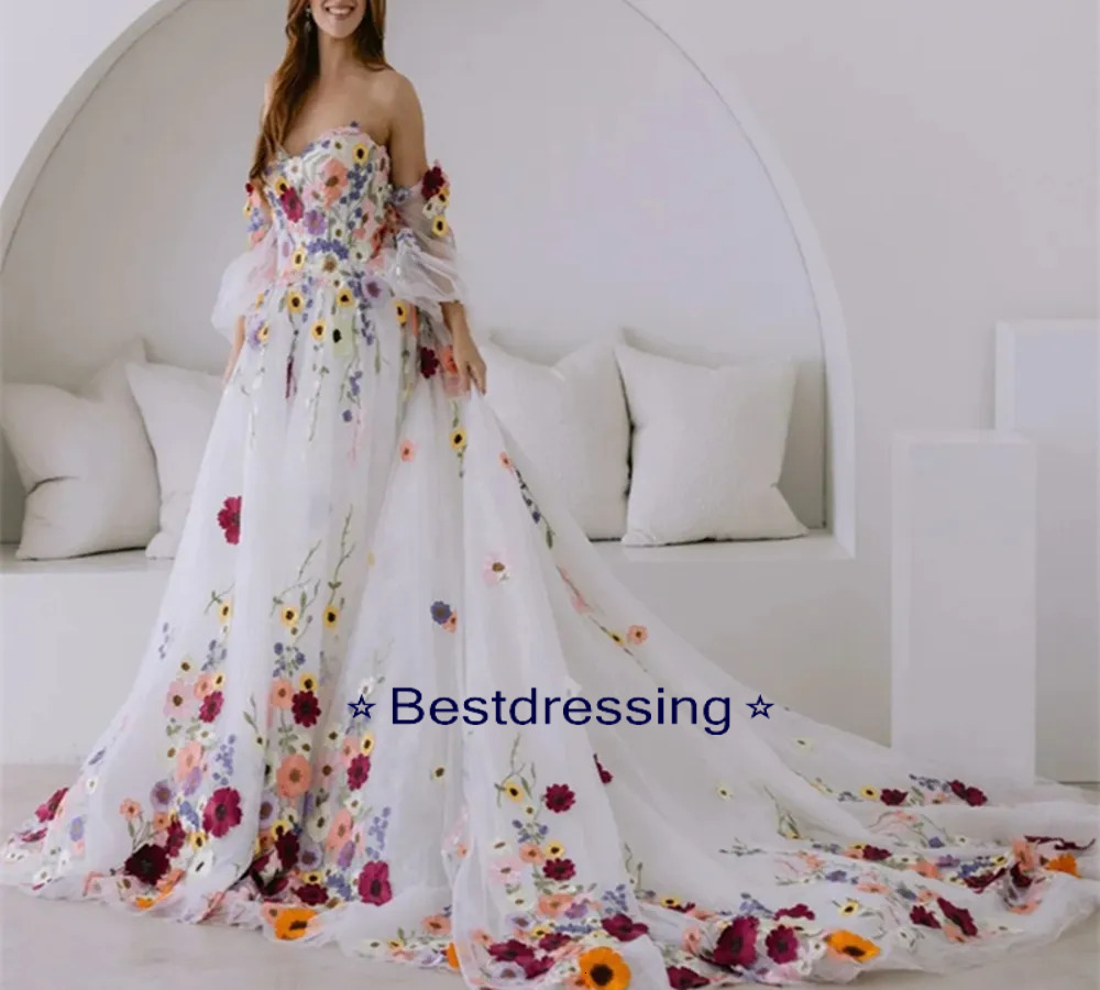Fantasy Colorful Flower Wedding Dresses Boho Fairytale A Line 3D Floral Appliques Rustic Country Bridal Gowns Detachable Sleeves Ivory Tulle Bride D