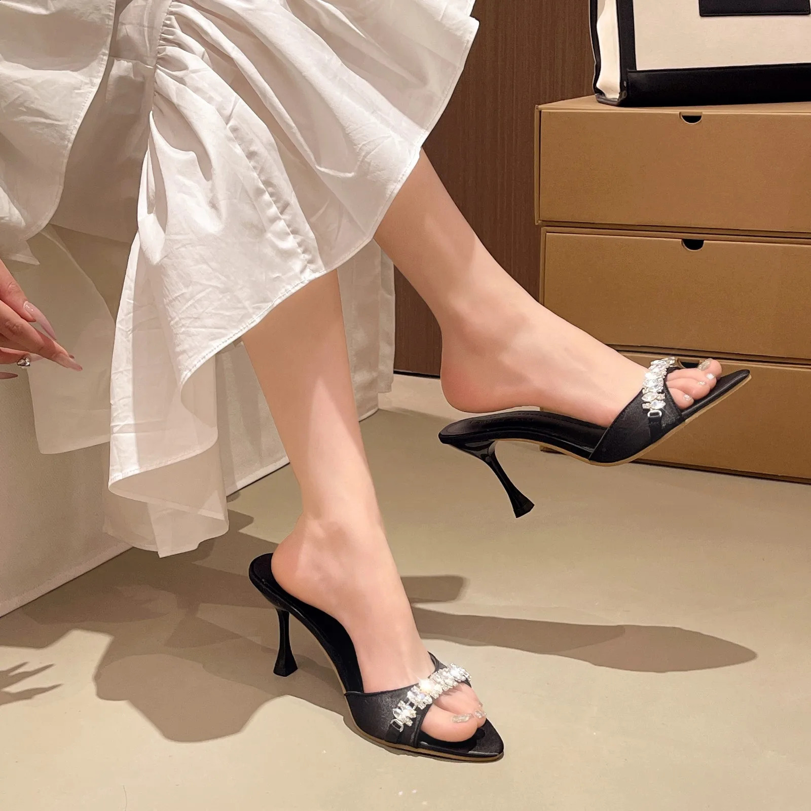 Stiletto ultra-high rhinestone high heels stunning one-strap cool slippers pointed toe black womens summer 260625