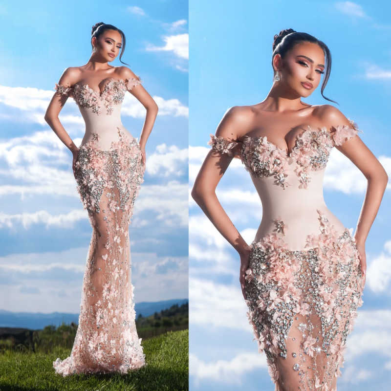 Princess 3D Flowers Mermaid Evening Dress Sleeveless Off Shoulder Prom Gowns Crystals Celebrity Party Customized Floor Length