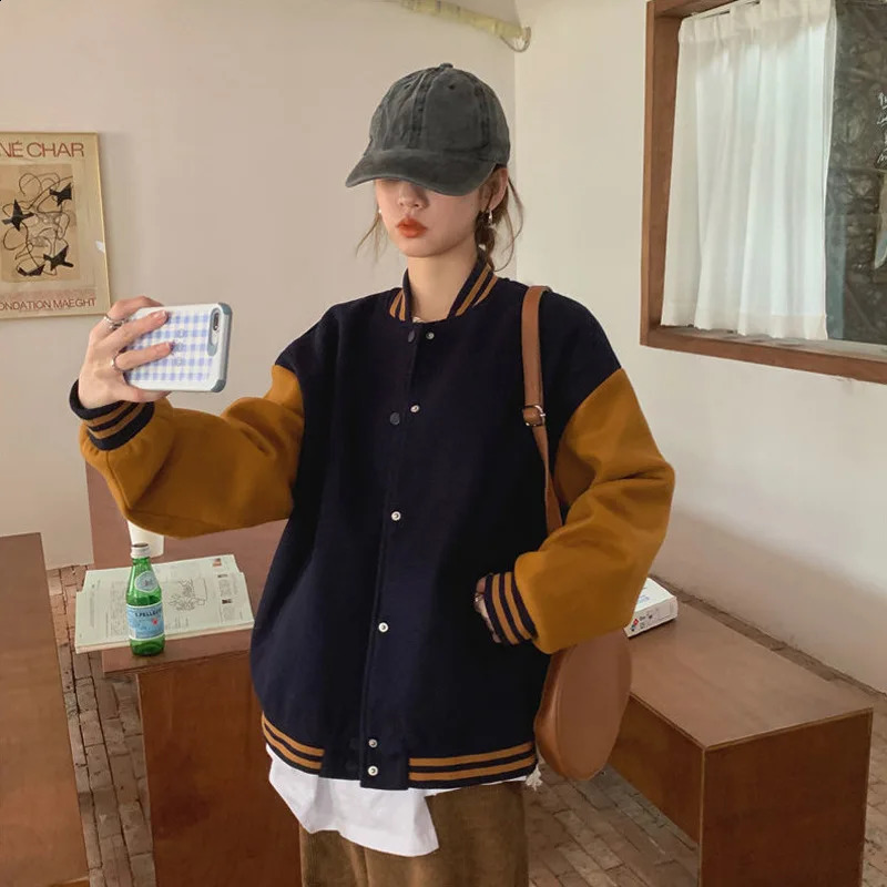 Loose Fit Korean Style Baseball Jacket Womens Autumn Winter Fashion Color Block Stand Collar Long Sleeve Top Coat 260617