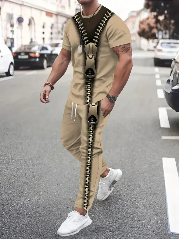 Abstract Zipper 3D Printed Mens Casual Thin Shortsleeved Long Pants Set Urban Street Fashion 2pcs 260625