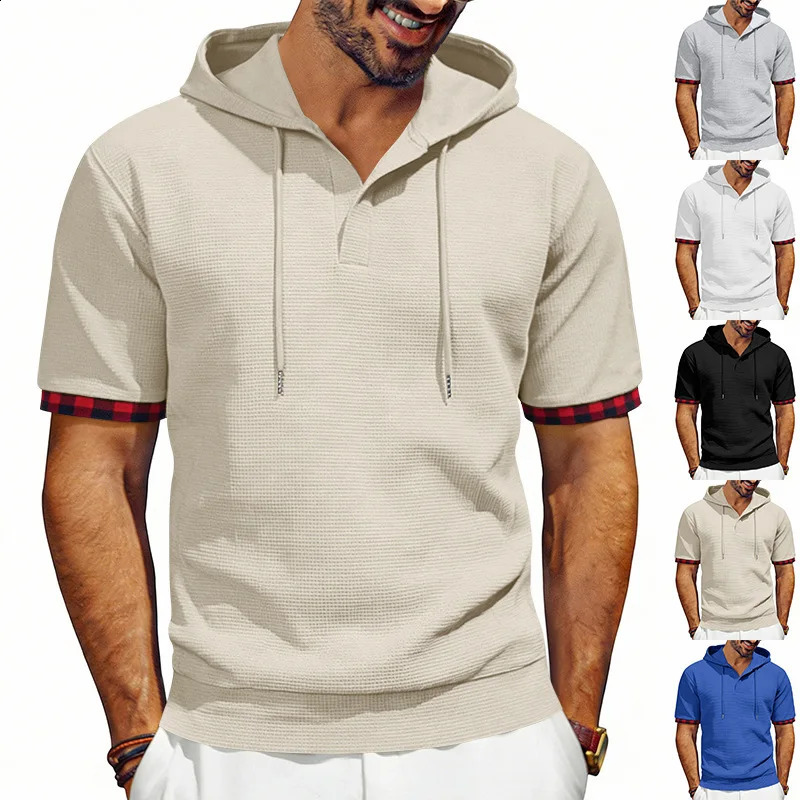 summer mens shortsleeved sports and leisure tshirt large size European American foreign trade hooded contrasting top 260625