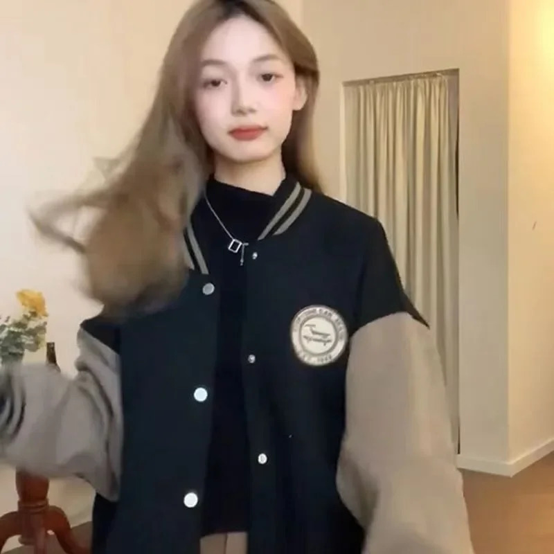 American Retro Baseball Jacket Womens Thickened Spring Autumn Winter Versatile Chic Hong Kong Style Top round Neck Full Sleeve 260624