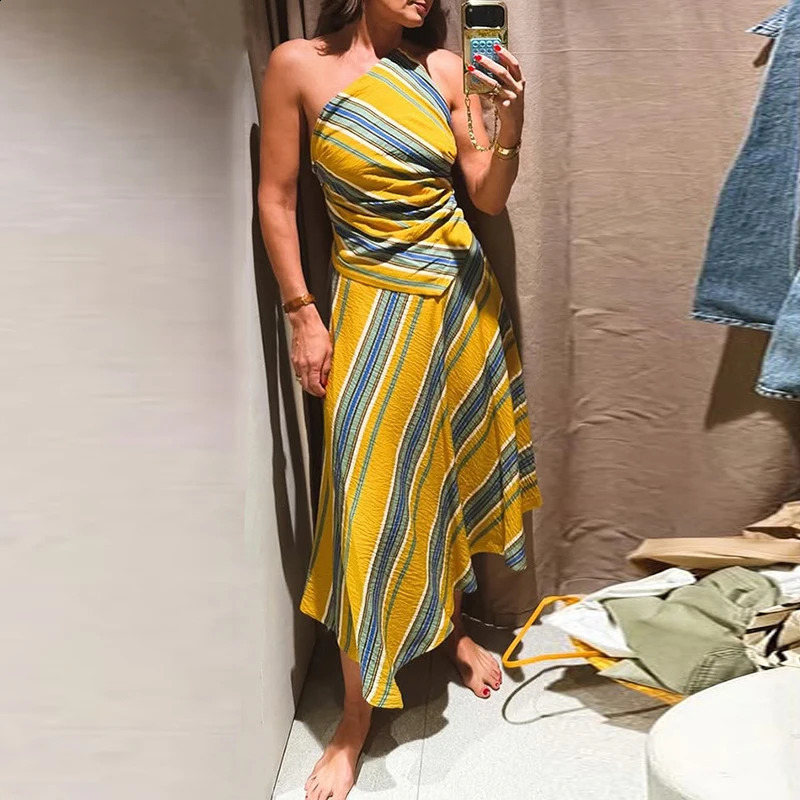 Temperament Slope Collar Off Shoulder Dress Casual Stripe Backless Beach Holiday Dress Chic Asymmetrical Sleeveless A-Line Dress 260625