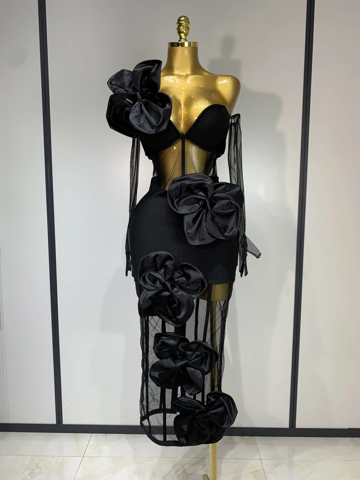 Women Sexy One Shoulder Bow Mesh See Through Bandage Bodycon Dress With Gloves Black Sleeveless Elegant Party Birthday Dresses 260624