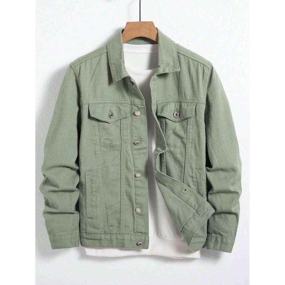 Men's denim jacket for spring and autumn. Green coat. Fashionable, trendy, simple style. For daily casual wear. W260626