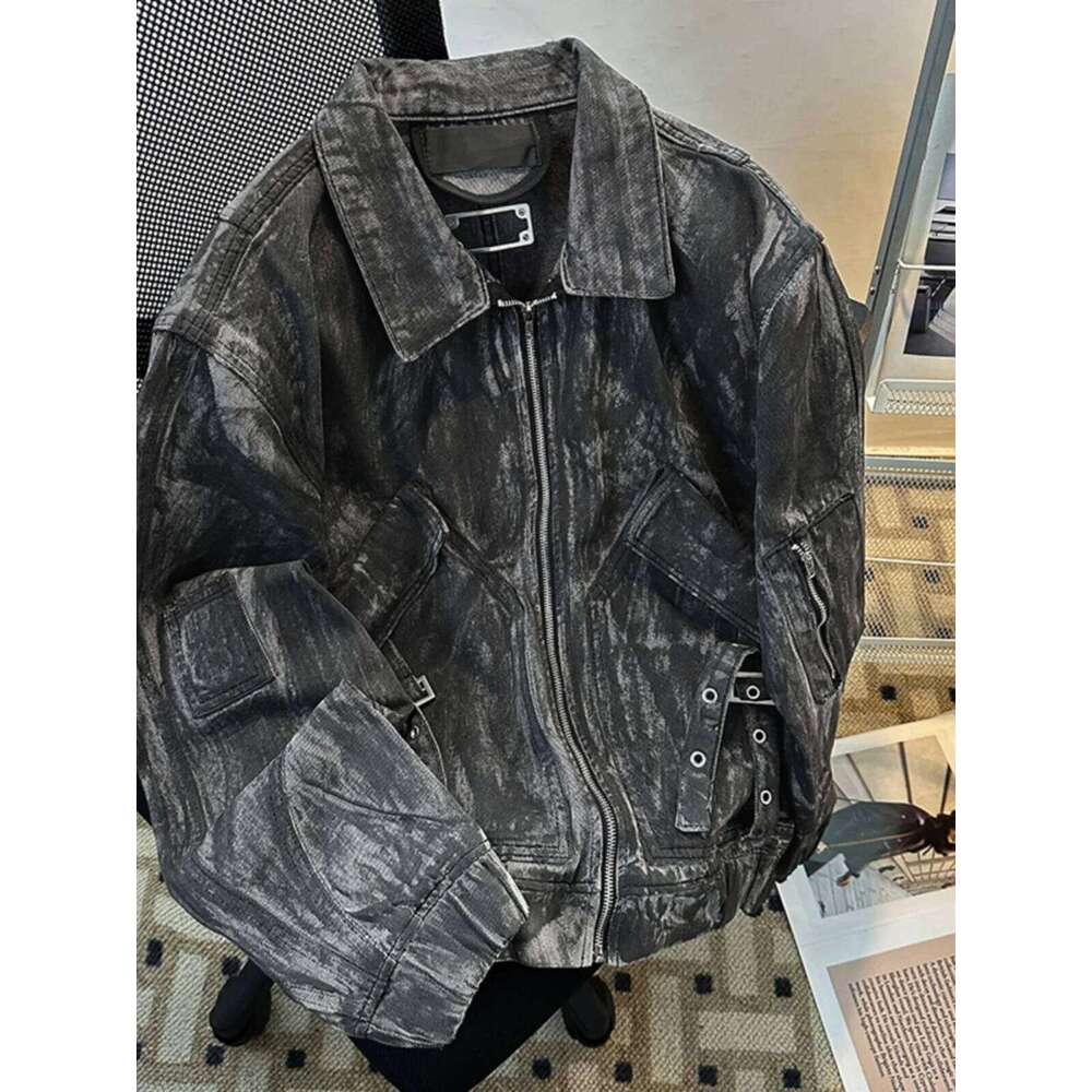 Autumn Distress Zipper Denim Jacket For Men Vintage Washed Black Baseball Jackets American Fashion Street Style Loose Coat W260626
