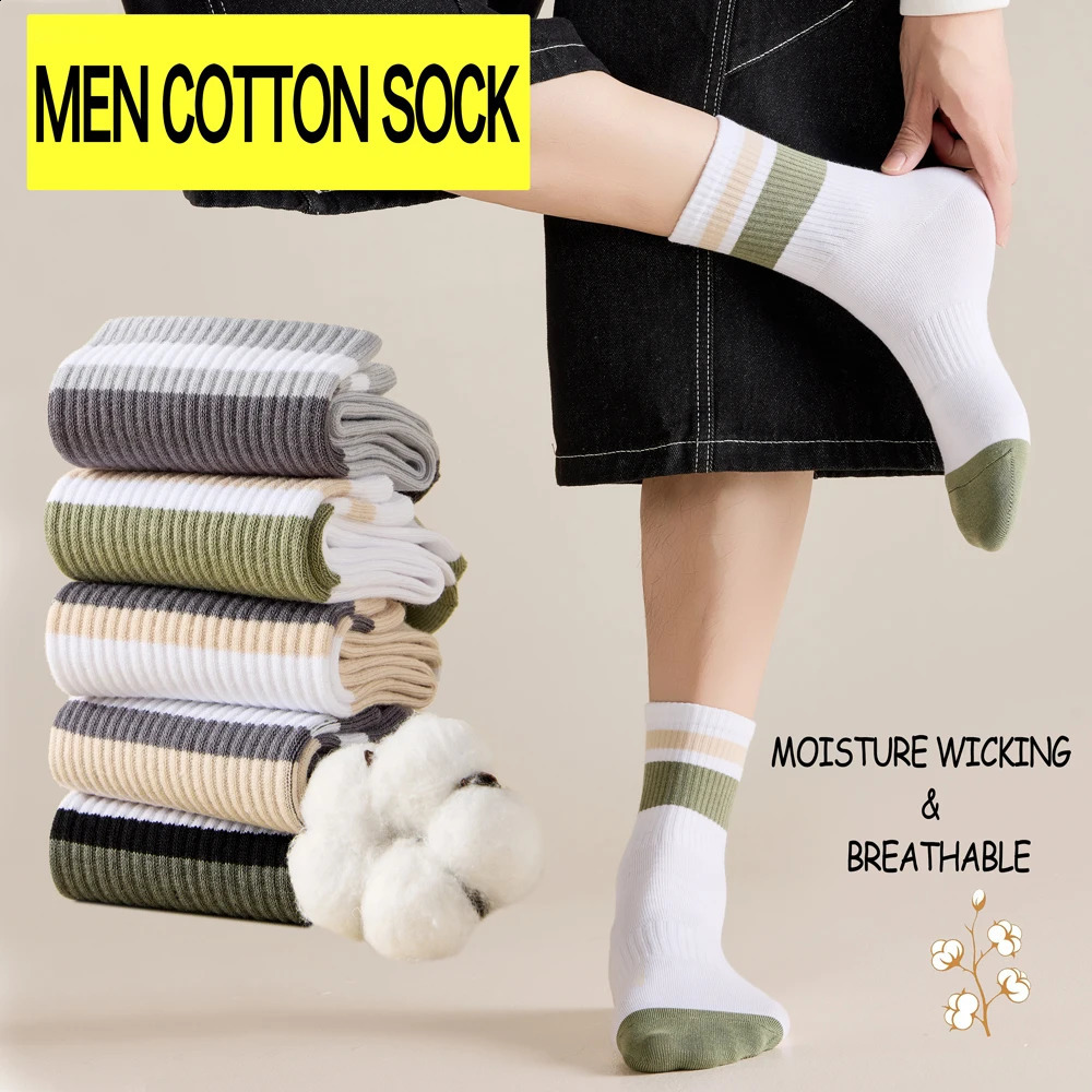3Pairs Mens Spring Summer Cotton Mid Calf Socks 100 Breathable Anti Odor Color Block Casual Crew 260625