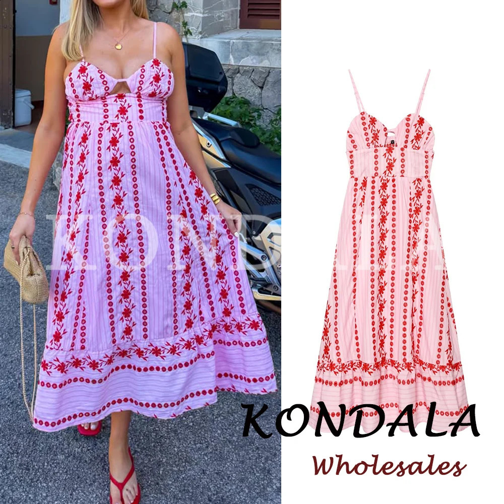 KONDALA Embroidery Pink Sexy Hollowed Out Vintage Midi Woman Cami Summer Dress Fashion 2026 Laceup Holiday Beach Vestidos 260625