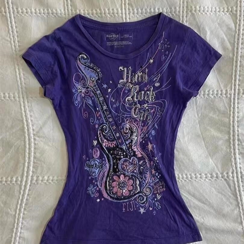 Womens Subculture Vintage Purple Print T-Shirt Summer Y2k American Retro Slim Tees Casual Harajuku Grunge Fashion Tops 260625