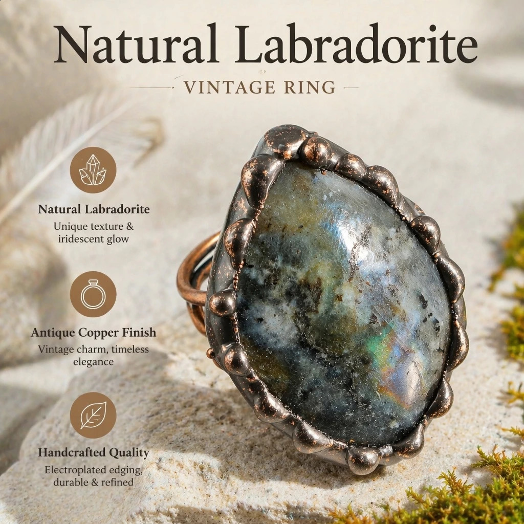 Vintage Irregular Natural labradorite Ring Mens Exaggerated Hip-Hop Jewelry Classic European American Style Accessory 260623