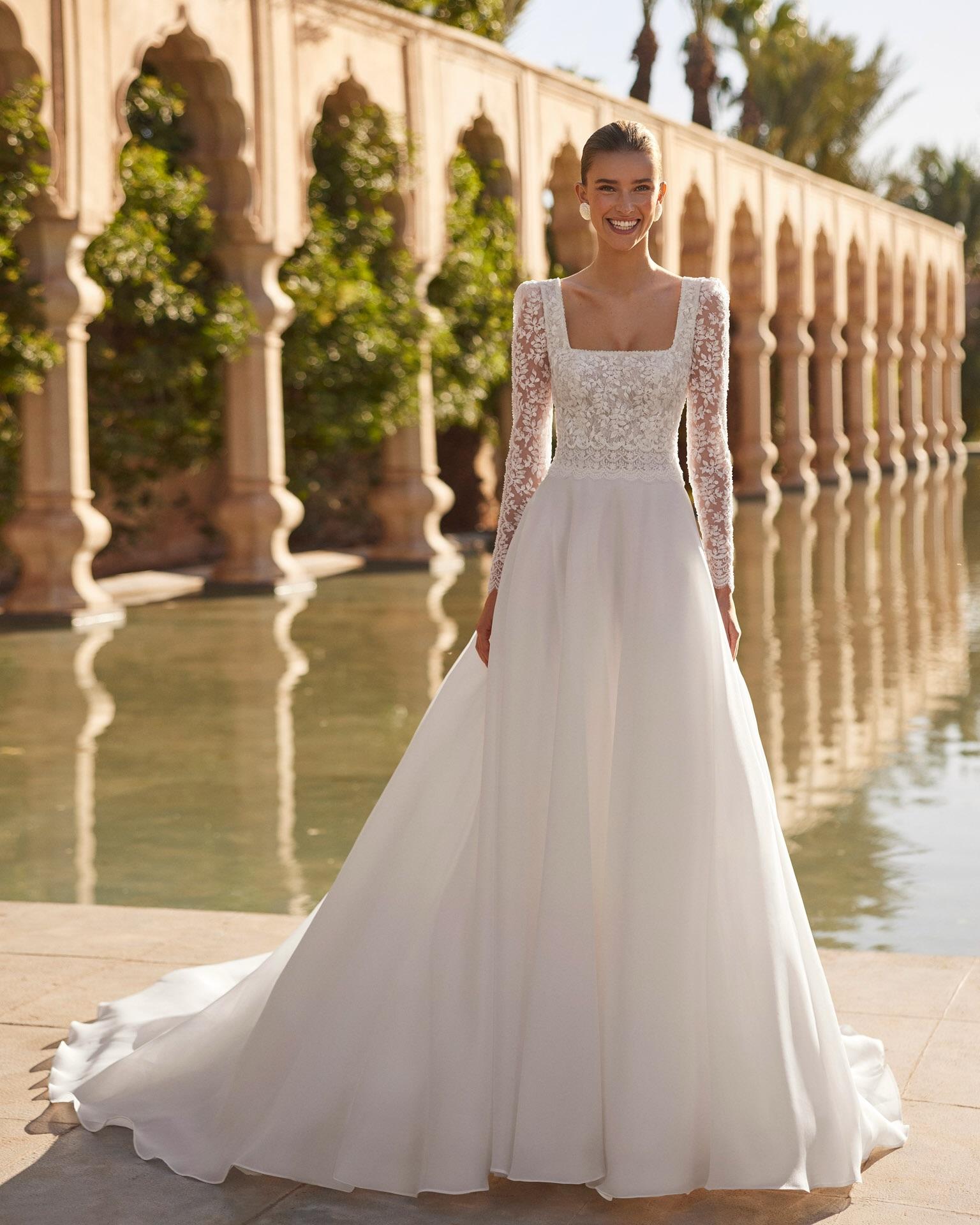 Chiffon Square Boho Wedding Dress 2026 Lace Long Sleeve Bridal Gown Flowers Wedding Gown robe de mariee